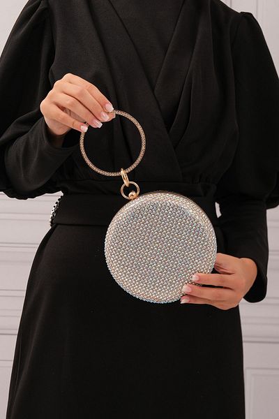ROZA CANTA Στρογγυλή γυναικεία βραδινή τσάντα Clutch Clutch με χρυσή πέτρα