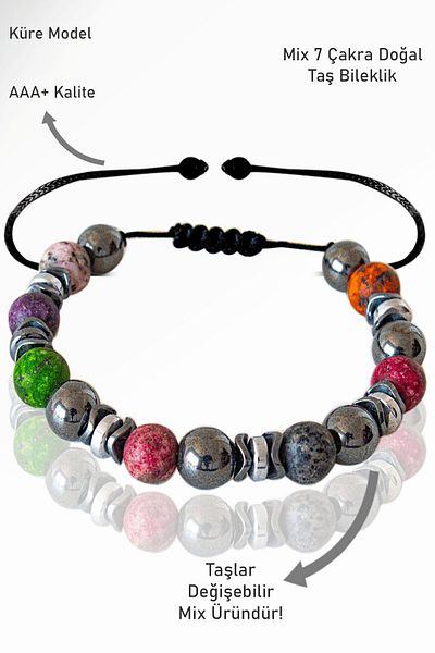 Tesbih Atölyesi 7 Chakra Mix Certified Raw Embroidered Natural Stone Bracelet
