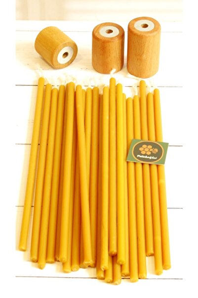 Petekoğlu (50 Adet) Balmumu Mum Ve (3 Adet ) Özel Dizayn Ahşap Silindir Mumluk Dilek Mumu Doğal Petek Mum