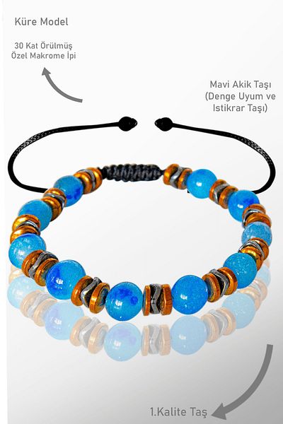 Tesbih Atölyesi Real Hematite Blue Agate Stone Bracelet - Certified and Adjustable