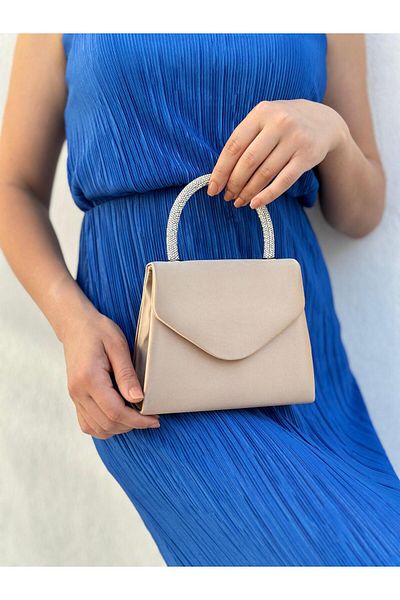 Sh Poly Γυναικείο βραδινό φόρεμα Nude Satin Stone Τσάντα ώμου
