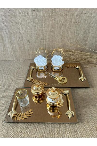 TutkuSetUp Dikdörtgen Aynalı Tepsi ve Damat Kahve Tepsisi, Söz-Nişan Seti, Ni...