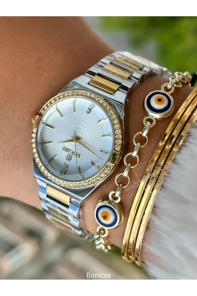 Reward Elegant Yellow Silver Women's Wristwatch and Bracelet - Steel Cord Brand