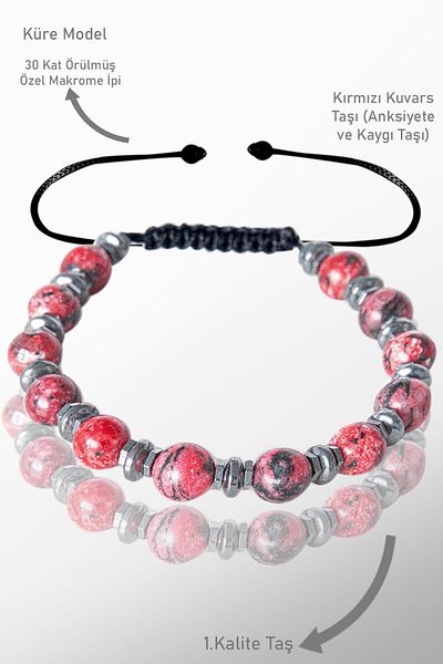Tesbih Atölyesi Real Hematite - Red Quartz Stone Bracelet, Adjusted and Certified