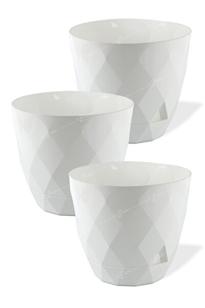 ToXA 3 Adet 2.4lt Ø17,5x15,3cm Baklava Desenli Tabaklı Orta Boy Plastik Saksı Yakamoz No3 Beyaz