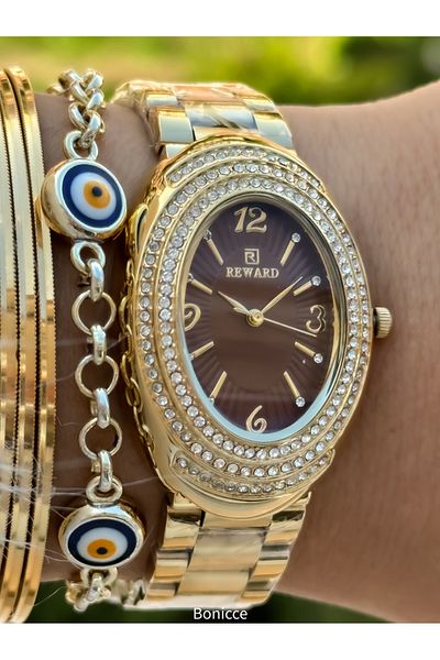 Reward Colorful Steel Cord Brand Women's Watch and Bracelet - Golden Yellow