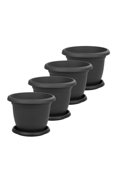ToXA 4 Adet Villa No5 Saksı Seti 3,7 Litre Antrasit 23cm Drenajlı Tabaklı Mat...