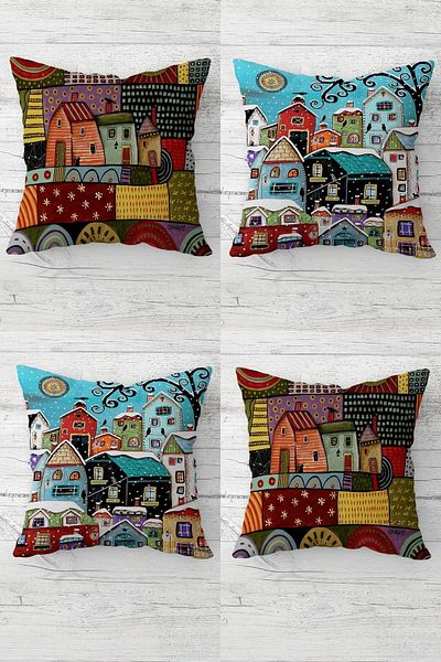Fortuna Patchwork Homes Patterned Hidden Zippered Throw Pillow Cover Sofa Pillow Cover Set (4pcs)