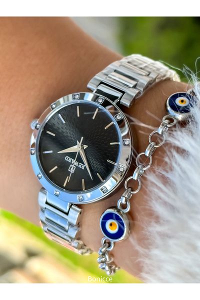 Reward Women's Black Jewelled Silver Colored Steel Band Wrist Watch - Special Lock System Bracelet