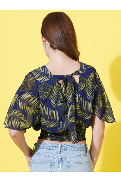 U&F By Styli Tropical Print Crop Top with Tie-Back