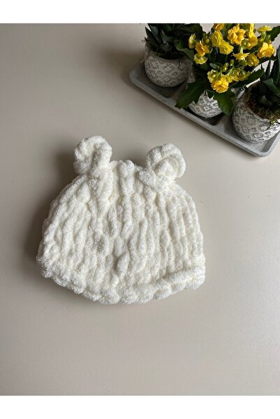 pofidik örgülerim Ecru Unisex Baby Hand Knitted Puffy Hat
