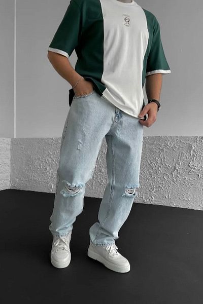 NO61 MAN Baggy Ice Blue Knee Ripped Jeans