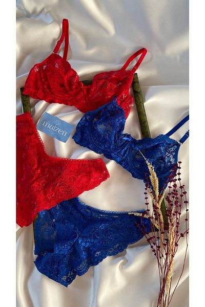 MAİZEN Women's Non-Padded Underwire 2-Piece Red Blue Lace Bra Set