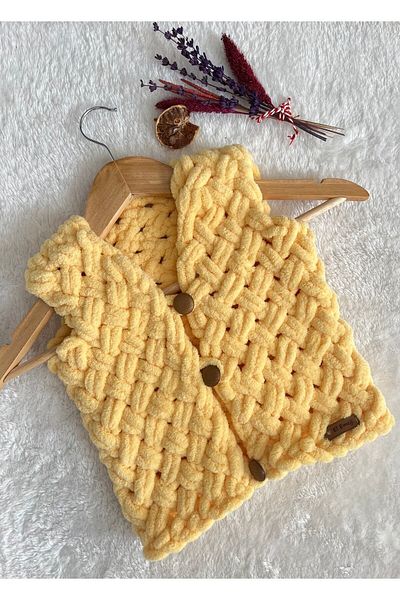 Alize Puffy fine Lemon Color Hand Knitted Baby Vest 0-2 Years