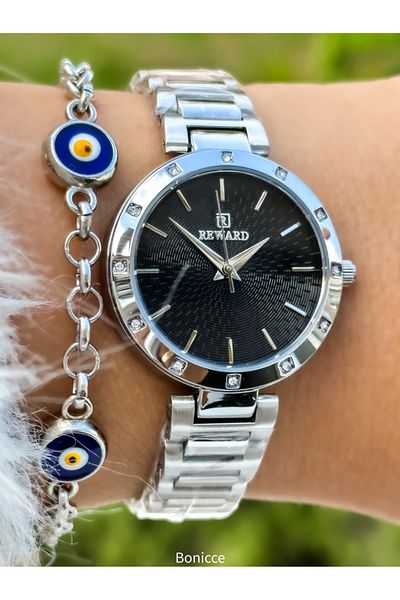Reward Women's Black Jewelled Silver Colored Steel Band Wrist Watch - Special Lock System Bracelet
