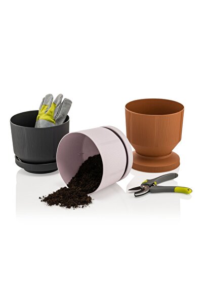 ToXA 6 Litre Açık Gri Dekoratif Lüks Saksı No3 Iç Dış Mekan Tabaklı Plastik Çiçek Saksısı Ø22,5x18,7cm