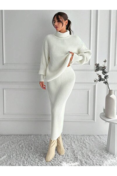 MAXXANA Corded Winter knitwear Set - Thick Turtleneck, Slit Detail and Rubber Waist Skirt