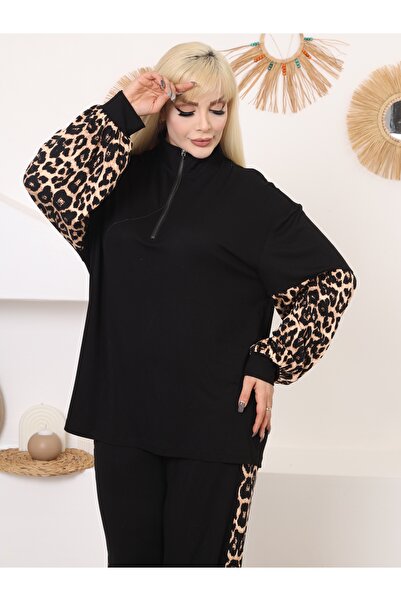 LİKRA Гъвкава вискоза - Дамски комплект с голям размер, детайли Garni и яка с цип