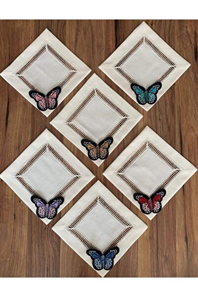 NURHAN HOME COLLECTION 6 Adet Kolberli Kelebek Nakışlı Kahve Yanı Peçetesi