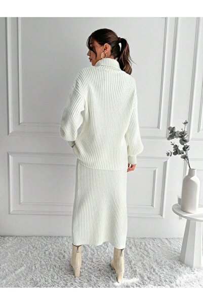 MAXXANA Corded Winter knitwear Set - Thick Turtleneck, Slit Detail and Rubber Waist Skirt