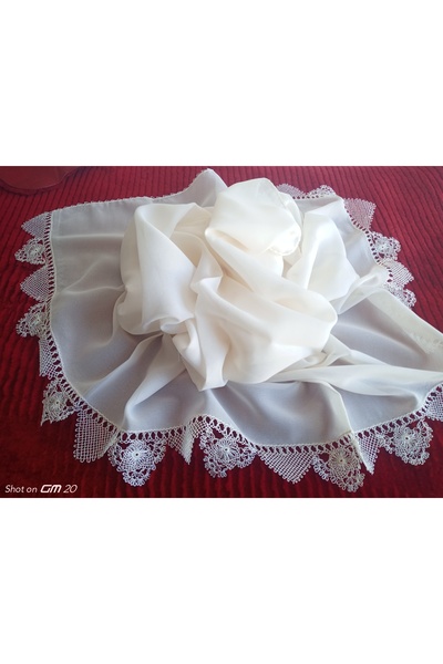 hoaryage Hand Made Needle Embroidered Prayer Cover Dowry Mevlüt Head Scarf Crepe Fabric