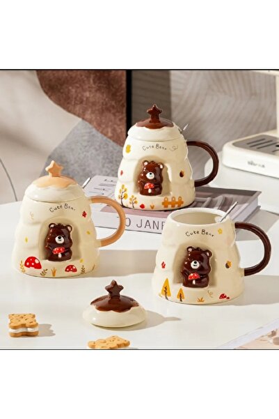 hediyeconcepti 500ml Yaratıcı Kapaklı Kupa Scoop Kabartmalı Seramik Fincan El Hediye İle Sevimli Ayı