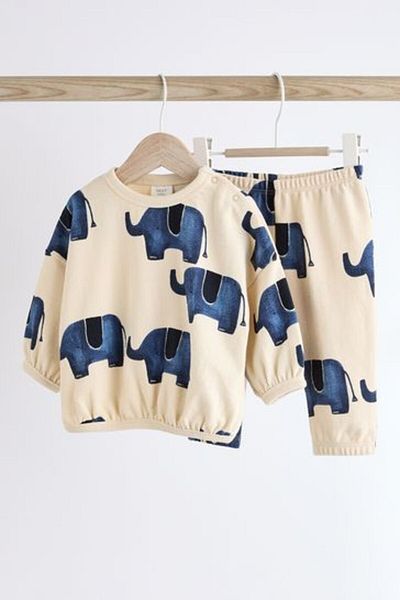 Next Baby Cotton Blue Elephant Patterned Long Sleeve Bottom Top Set