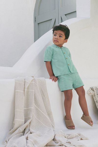 Next Baby 100% Cotton Green Short Sleeve Textured Shirt Shorts 2 Pcs Bottom Top Set