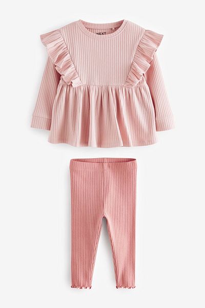 Next Baby Cotton Pink Long Sleeve Ribbed Upper Set