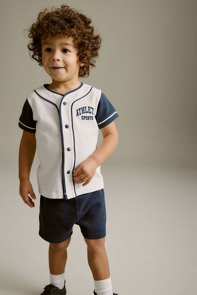 Next Baby Cotton Navy Blue White Short Sleeve Short Bottom Top Set