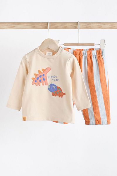Next Baby Orange Dino Patterned 100% Algodon Long Sleeve Top and Bottom Set