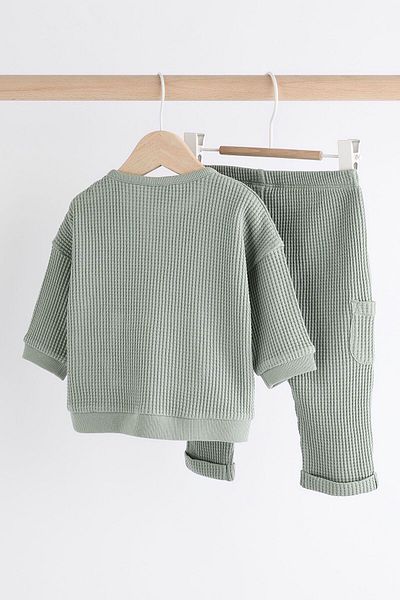 Next Baby Cotton Green Textured Long Sleeve Jogger Bottom Top Set