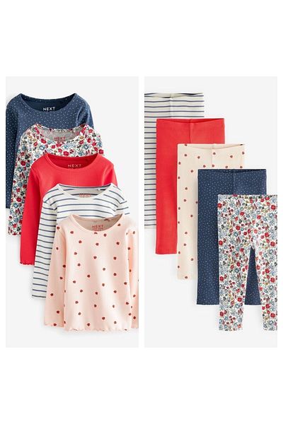 Next Baby Cotton Navy Blue Red Long Sleeve 5-Piece Bottom Top Set