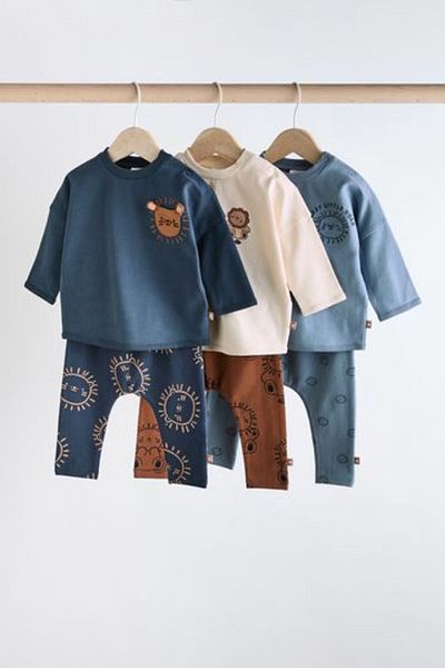 Next Baby Cotton Navy Blue Lion Patterned Long Sleeve 3-Piece Bottom Top Set