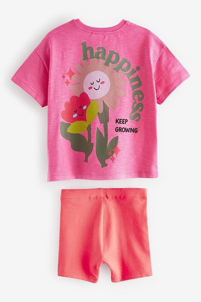 Next Baby Cotton Bright Pink Floral Patterned Short Sleeve Bottom Top Set