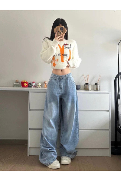 Genel Markalar Y2k Hello Kitty Detaylı Baggy Yıkamalı Mavi Jean