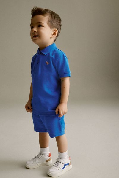 Next Baby 100% Cotton Sax Blue Polo Collar Shorts Bottom Top Set