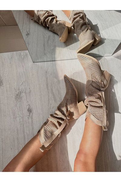 SHOEBOURNE Cizme de vară în stil occidental perforate din piele intoarsa bej