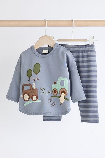 Next Baby Cotton Blue Car Patterned Long Sleeve Bottom Top Set