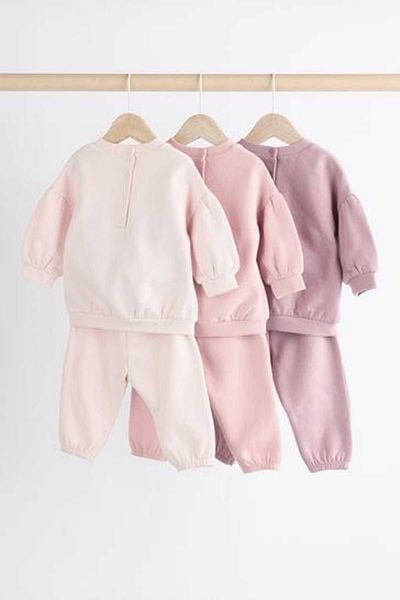 Next Baby Pink Cream Long Sleeve Cotton Jogger Set - 3 Pieces