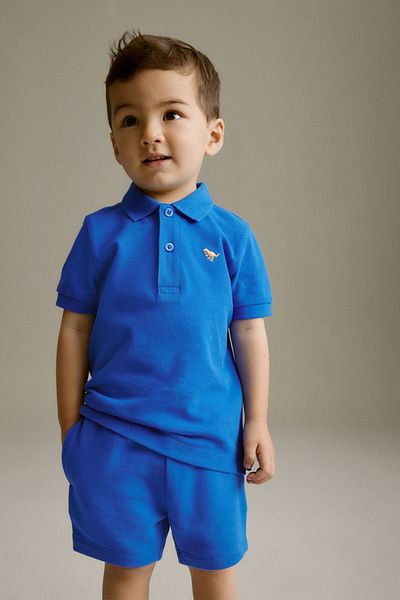 Next Baby 100% Cotton Sax Blue Polo Collar Shorts Bottom Top Set