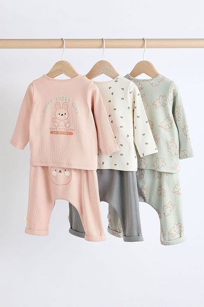 Next Baby Cotton Pink Sage Green Long Sleeve 3-Piece Bottom Set