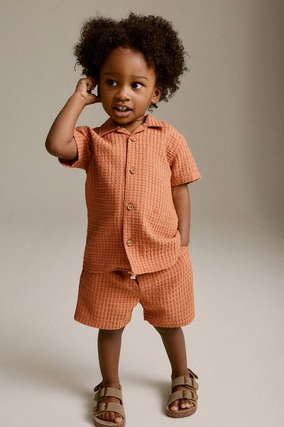 Next Baby 100% Cotton - Kahve Colorful Short Sleeve Textured Shirt and Shorts Set