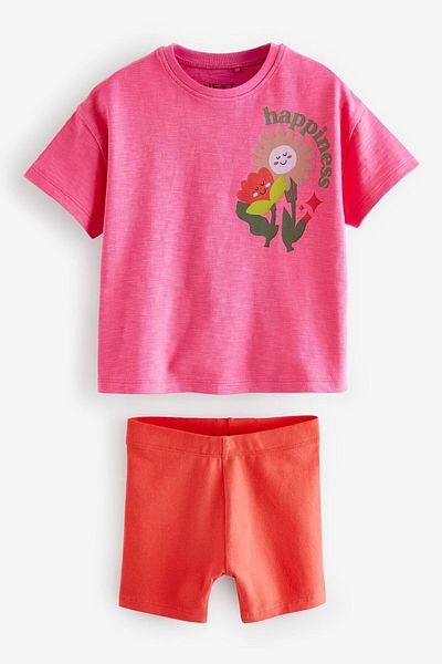 Next Baby Cotton Bright Pink Floral Patterned Short Sleeve Bottom Top Set