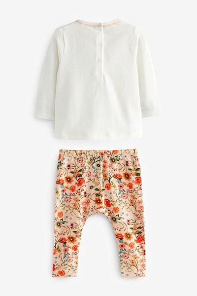 Next Baby Cotton White Orange Floral Patterned Long Sleeve Bottom Top Set