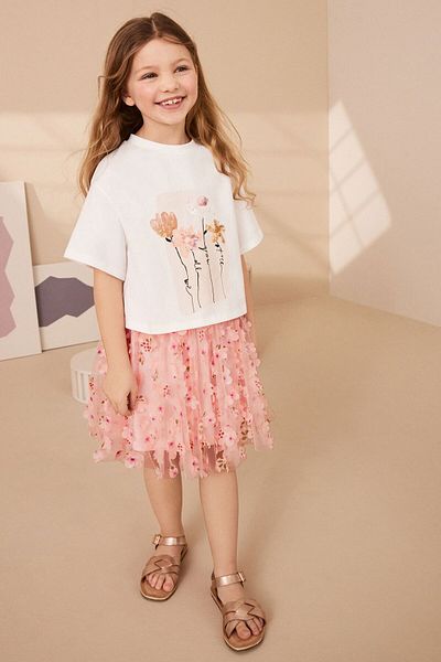 Next Baby Cotton Pink Floral Patterned Short Sleeve T-Shirt Skirt Set