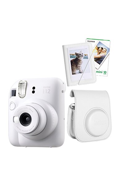 Fujifilm Instax Mini 12 10 Filmli Mini Albüm ve Deri Kılıflı Beyaz Fotoğraf Makinesi