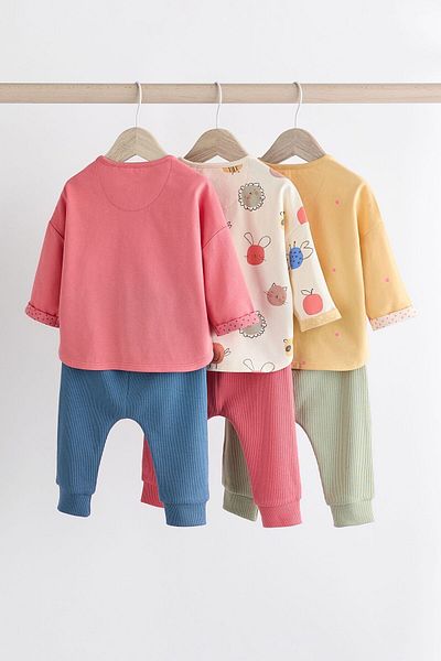 Next Baby Cotton Coral Pink Animal Character Long Sleeve 3-Piece Bottom Set