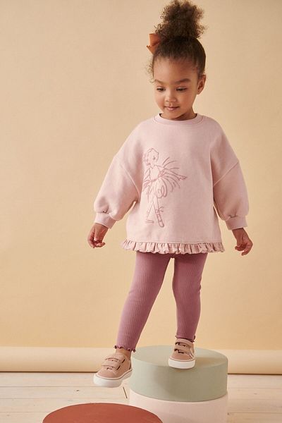 Next Baby Cotton Pink Ballerina Patterned Long Sleeve Bottom Top Set