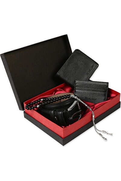 Karalı Deri Men's Accessory Gift Set Belt Wallet Card Holder Rosary